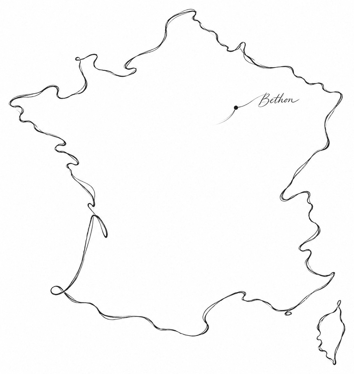 Carte de France dessinée à la main indiquant Bethon