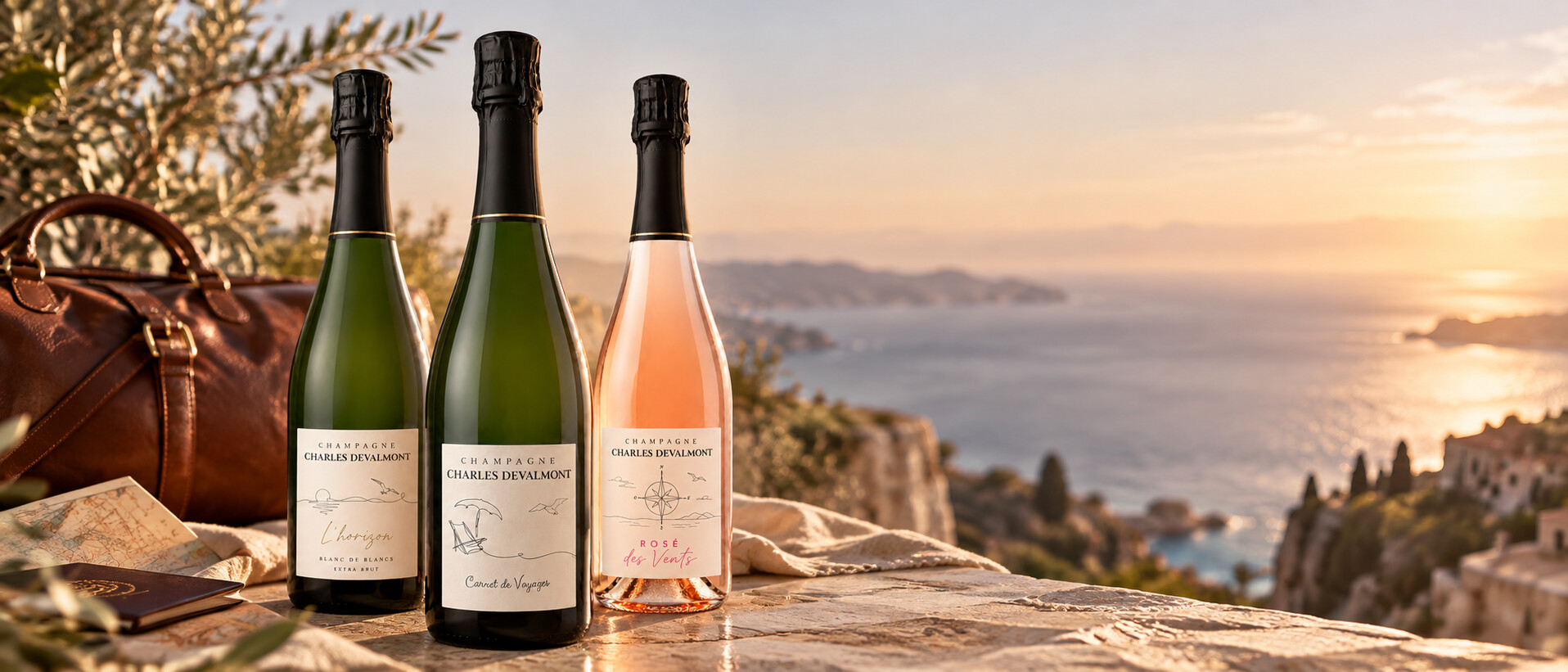 Les trois cuvées Charles Devalmont — L'Horizon, Carnet de Voyage et Rosé des Vents — face à la Méditerranée au coucher du soleil