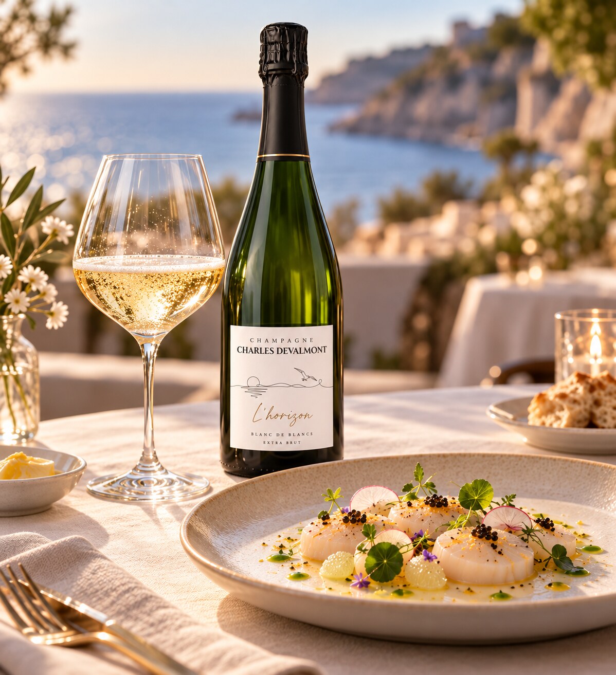 L'Horizon, Blanc de Blancs, carpaccio de Saint-Jacques en bord de mer
